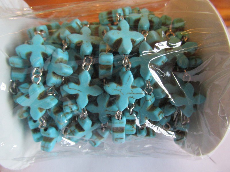 (image for) Bead Chain - Turquoise Rosette cross Silver wire (ROLL)